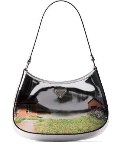 Prada Cleo Printed Brushed Leather Shoulder Bag In Silver
