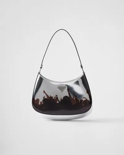 Prada Cleo Printed Brushed Leather Shoulder Bag In Silver