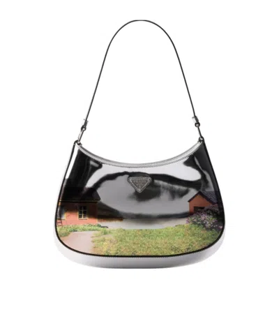 Prada Cleo Printed Brushed Leather Shoulder Bag In Silver