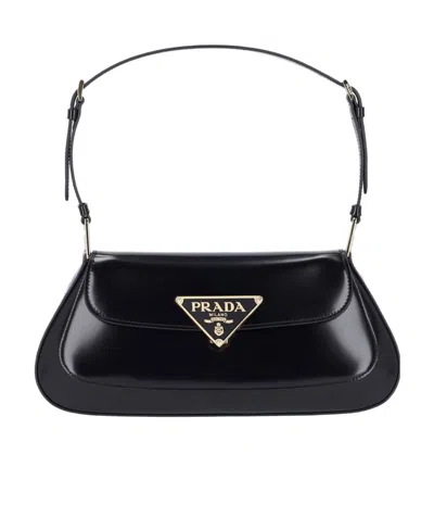 Prada Black Brushed Leather Shoulder Bag In F0632 Black