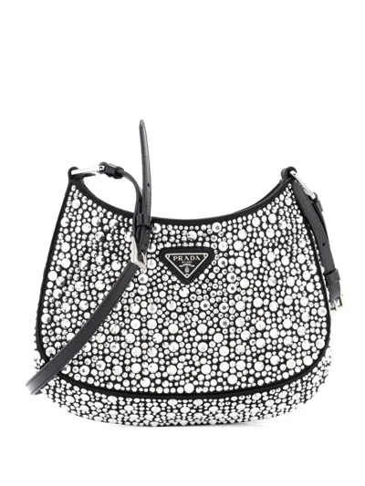 Pre-owned Prada Cleo Shoulder Bag Crystal Embellished Satin Small Crossbody Bag In Black