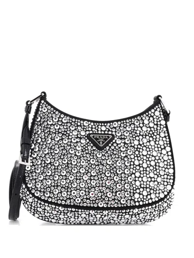 Pre-owned Prada Cleo Shoulder Bag Crystal Embellished Satin Small Crossbody Bag In Black