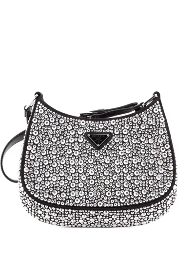 Pre-owned Prada Cleo Shoulder Bag Crystal Embellished Satin Small Crossbody Bag In Black