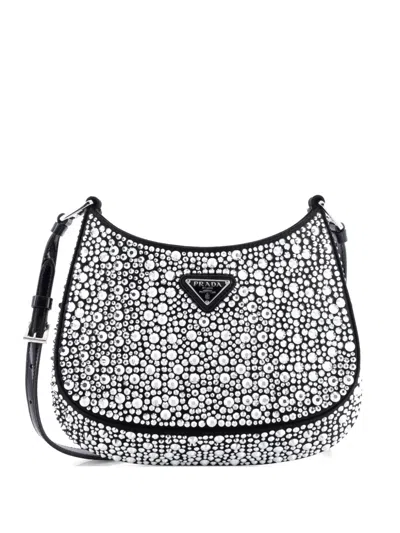 Pre-owned Prada Cleo Shoulder Bag Crystal Embellished Satin Small Crossbody Bag In Black