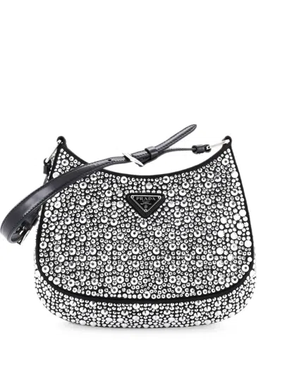 Pre-owned Prada Cleo Shoulder Bag Crystal Embellished Satin Small Crossbody Bag In Black