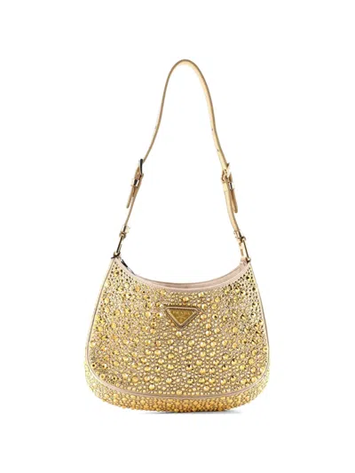 Pre-owned Prada Cleo Shoulder Bag Crystal Embellished Satin Small Crossbody Bag In Gold