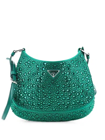 Pre-owned Prada Cleo Shoulder Bag Crystal Embellished Satin Small Crossbody Bag In Green