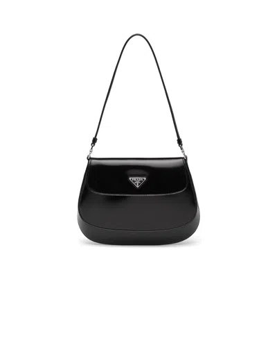 Prada Cleo Small Brushed Leather Shoulder Bag With Flap In Black