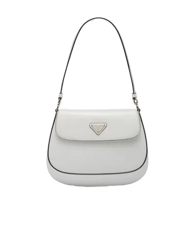 Prada Cleo Brushed Leather Shoulder Bag With Flap In White