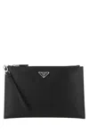 Prada Triangle Logo Re-nylon And Saffiano Leather Envelope Pouch In Black