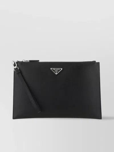 Prada Clutch Leather Wrist Strap In Black