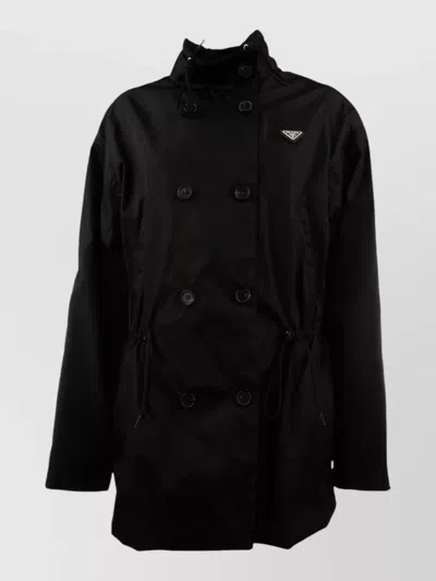 Prada Coat Drawstring Waist Long Sleeves High Collar In Black