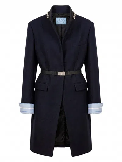 Prada Coat With Belt In Blue