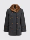 Prada Herringbone Shearling-collar Double-breasted Coat In Gray