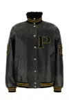 Prada Leather Jacket With Embroidered Patches And High Collar In Black