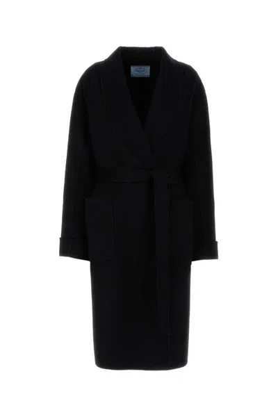 Prada Wool Blend Coat Belted Waist In Black