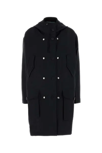 Prada Mohair Blend Long Hooded Double Breasted Coat In Black