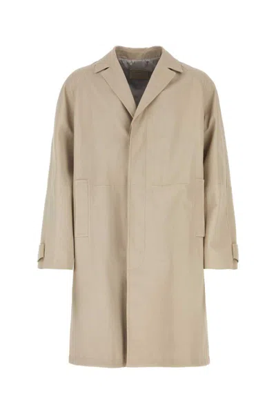 Prada Back Slit Leather Coat In Beige O Tan