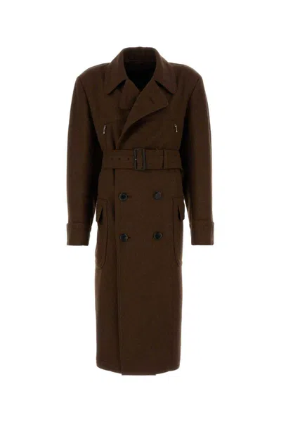Prada Wool Coat With Belted Waist And Double-breasted Design In Brown