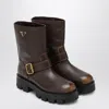 Prada Triangle Logo Distressed Leather Ankle Boots In Brown