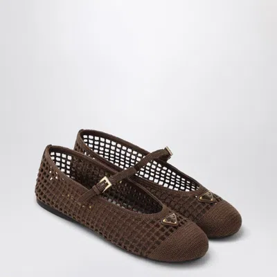 Prada Cocoa-colored Crochet Knit Ballerina Flats In Multi