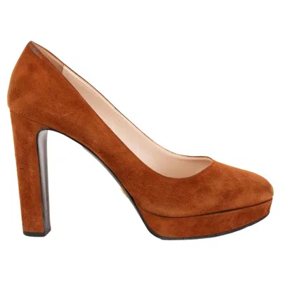 Pre-owned Prada Cognac Brown Suede Classic Platform Pumps Shoes 40.5