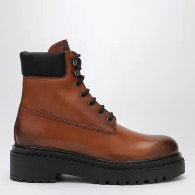 Prada Cognac Leather & Re-nylon Ankle Boots In Animal Print