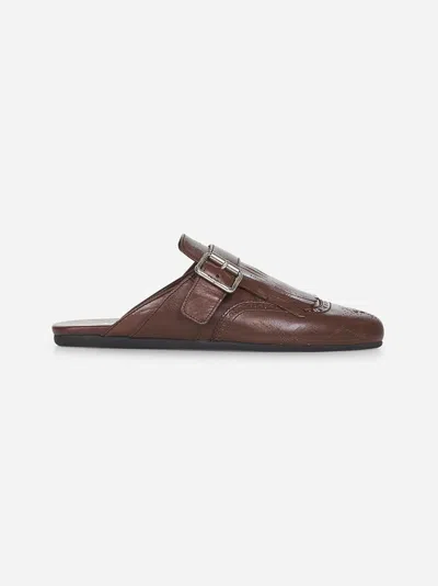 Prada Cognac Leather Shuffle Fringed Mules In Brown