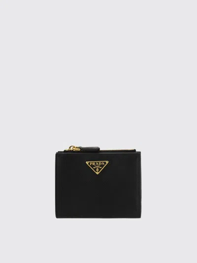 Prada Coin Purse In Saffiano Leather With Metal Triangle Logo In Black