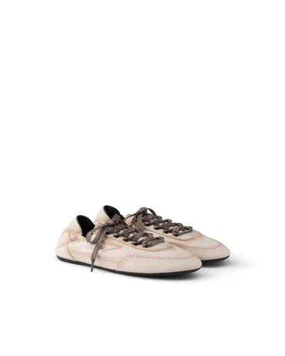 Prada Collapse Antiqued Nappa Leather Sneakers With Hooks In White