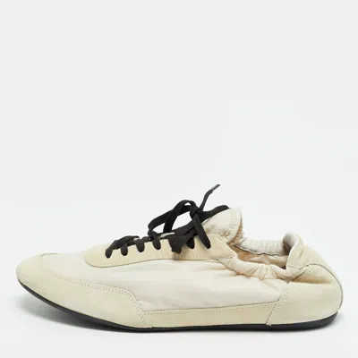 Pre-owned Prada Collapse Re-nylon Size 41 Cream Nylon And Suede Lace Up Sneakers In White
