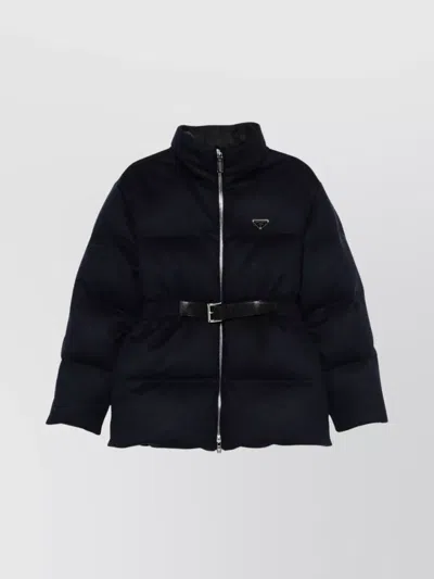 Prada Collar Belted Waist Long Sleeves Padded Design In Black