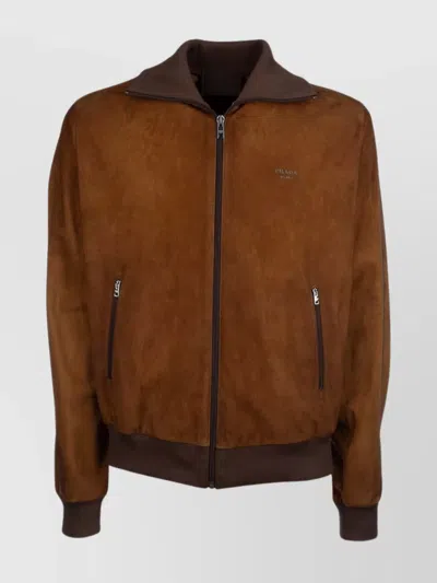 Prada Collar Jackets With Ribbed Cuffs And Hem In Brown