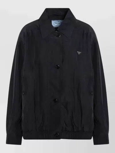 Prada Collared Jacket Elasticated Hem Front Pockets In Blue