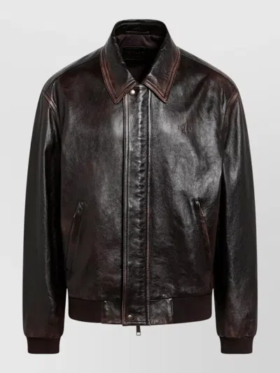 Prada Collared Jacket Front Pockets Ribbed Finishes In Brown
