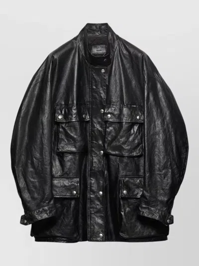 Prada Collared Jacket Long Sleeves Multiple Pockets In Black