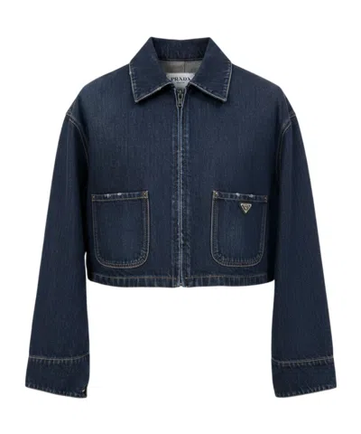 Prada Collared Long-sleeved Casual Jacket In Blue