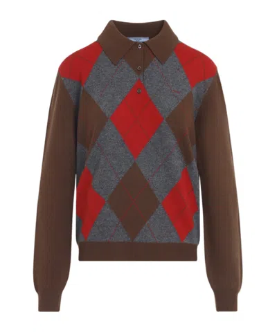 Prada Argyle Jacquard Knit Wool Polo Sweater In Brown