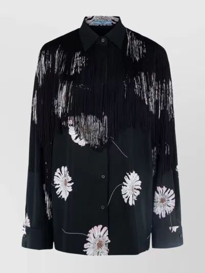Prada Collared Neck Floral Print Fringe Detailing Long Sleeves In Black