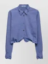 Prada Collared Neck Long Sleeve Textured Fabric Top In Blue