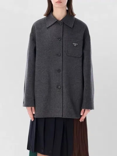 Prada Collared Shirt Jacket Long Sleeves Chest Pocket In Blue