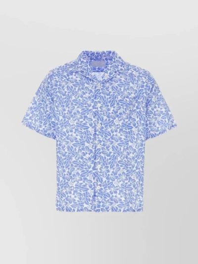 Prada Collared Short Sleeve Poplin Shirt With All-over Print In Blue