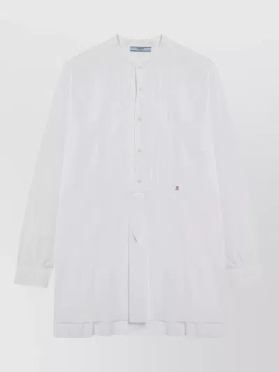 Prada Collarless Dress Long Sleeves Pleated Detail In White