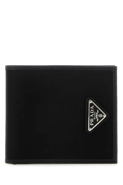 Prada Compact Bi-fold Nylon And Leather Wallet In Black