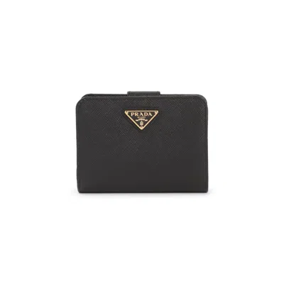 Prada Compact Black Calf Leather Wallet With Gold Logo