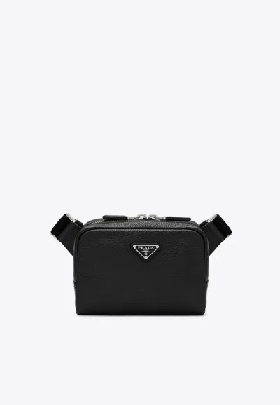 Prada Compact Leather Messenger Bag In Black