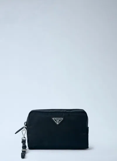 Prada Compact Nylon Pouch With Logo Detail In Black