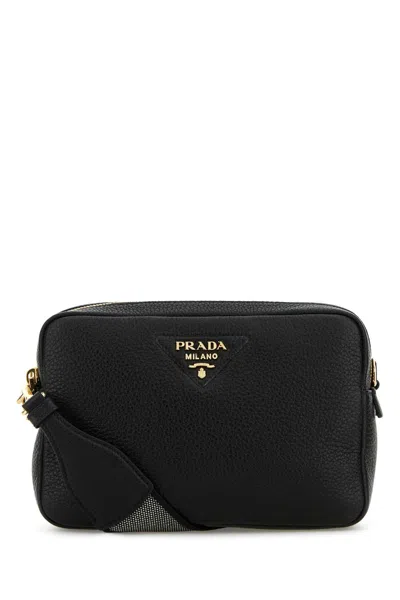 Prada Compact Vitello Leather Crossbody Handbag In Black