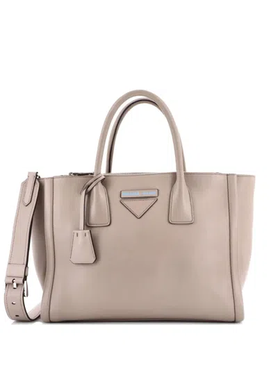 Pre-owned Prada Concept Double Zip Calfskin Medium Tote Bag In Neutral