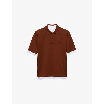 PRADA MENS BROWN CONCEPTUAL-TRIANGLE COTTON POLO SHIRT